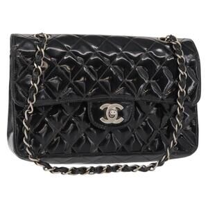 CHANEL Chain Double Flap Matelasse 23 Bag Patent Black Silver CC Auth 142096